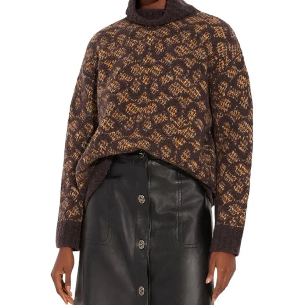 COACH Signature Turtleneck Sweater Women M Brown‎ Wool Alpaca Chunky Knit Luxury